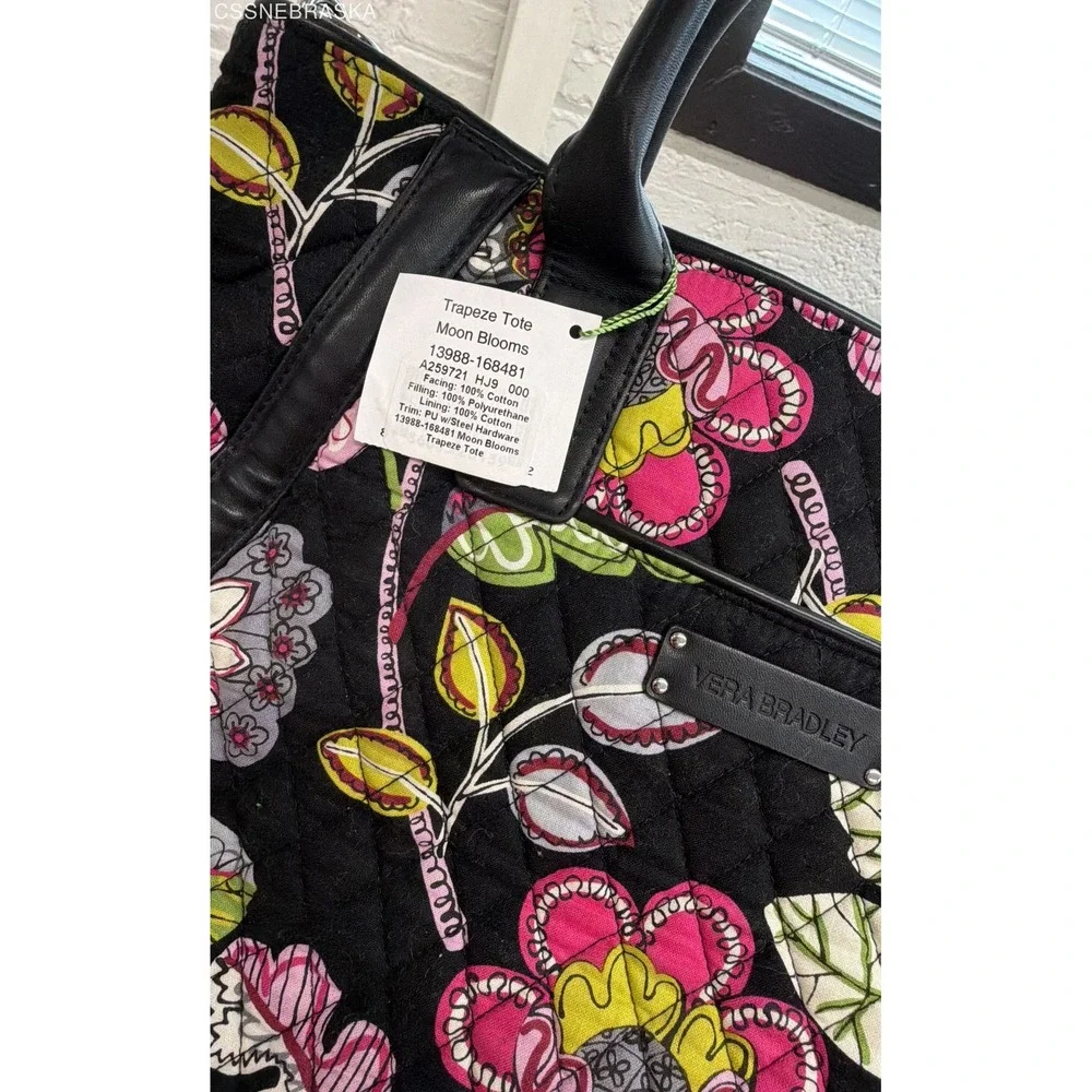 Vera Bradley Moon Blooms Quilted Trapeze Tote Bag Floral‎ Black Trim NWT